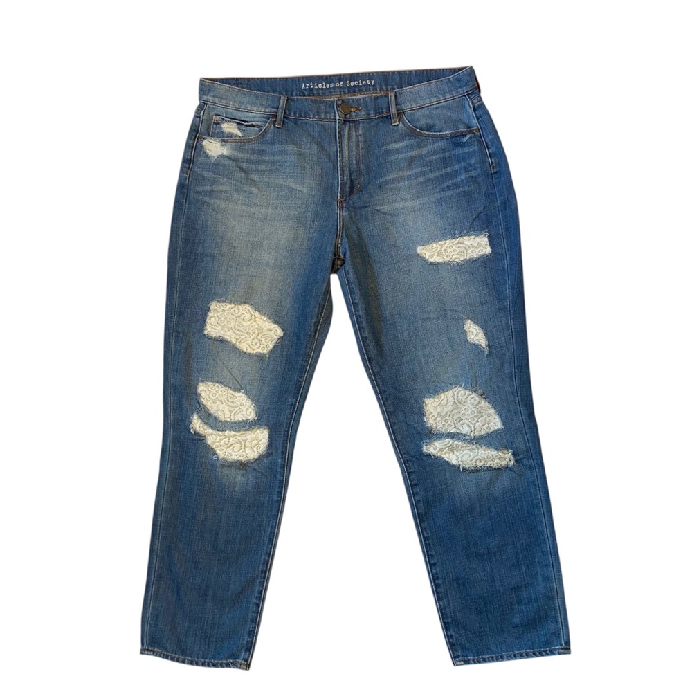 ARTICLES OF SOCIETY Crop Jeans Distressed Relax Blue Lace Patches Size 32